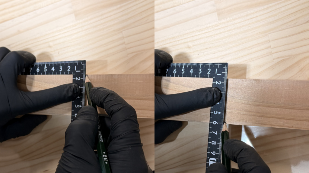 曲尺を木材に当てて、まっすぐ(直角)に鉛筆で線を引く様子