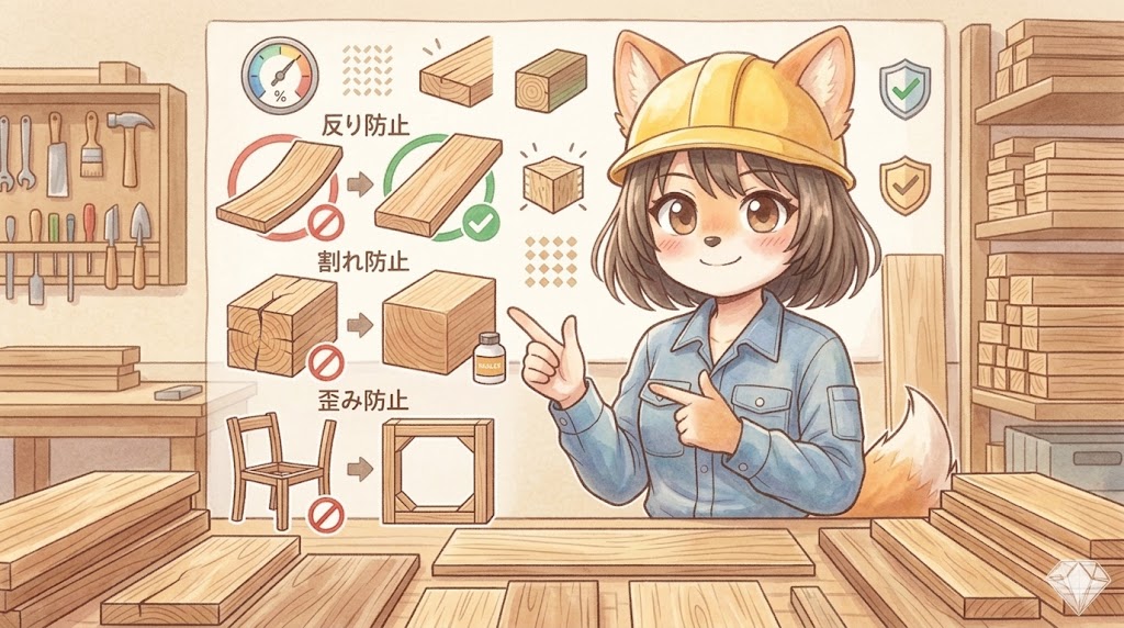 反り・割れ・ゆがみを防ぐコツを教えてます