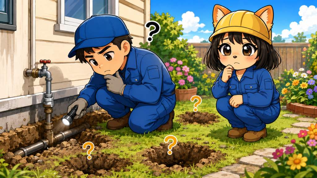修理業者が水漏れを探しているけど見つからない