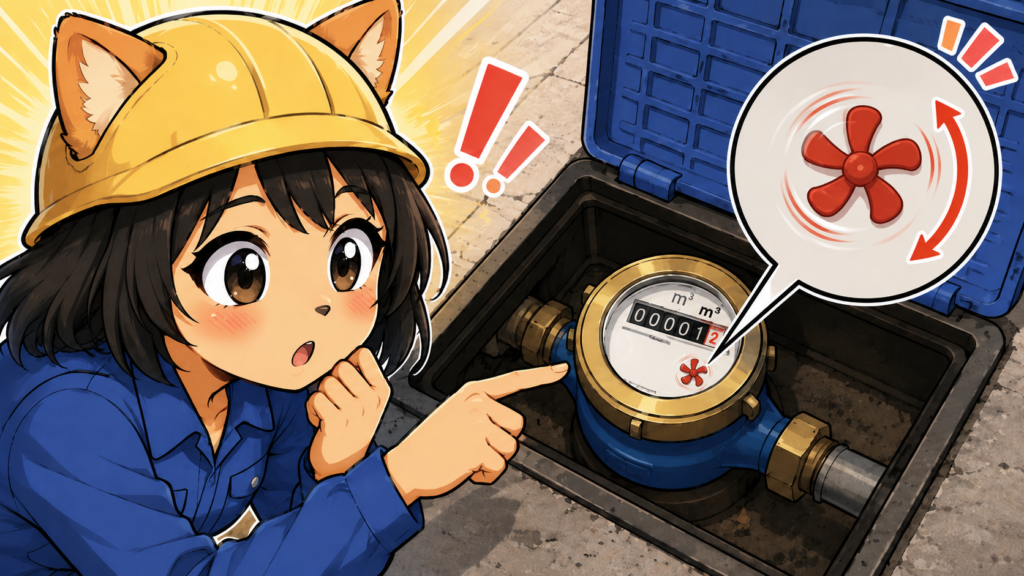 水道メーターのパイロットが回っているか確認している