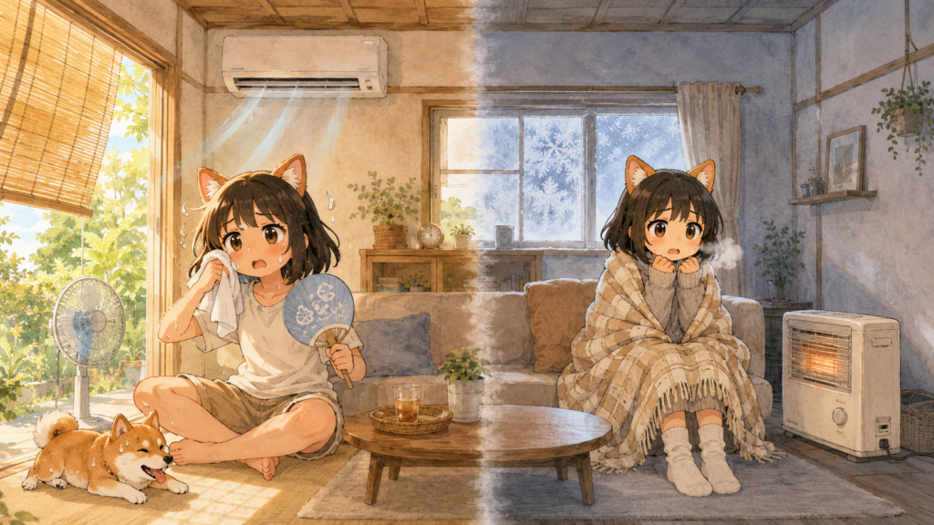 夏は扇風機と団扇で暑そうにする女性、冬は毛布にくるまって寒そうにする女性のイラスト