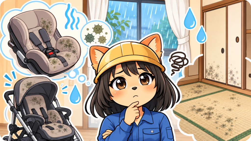 梅雨にカビが増える原因、カビたチャイルドシートと畳の部屋