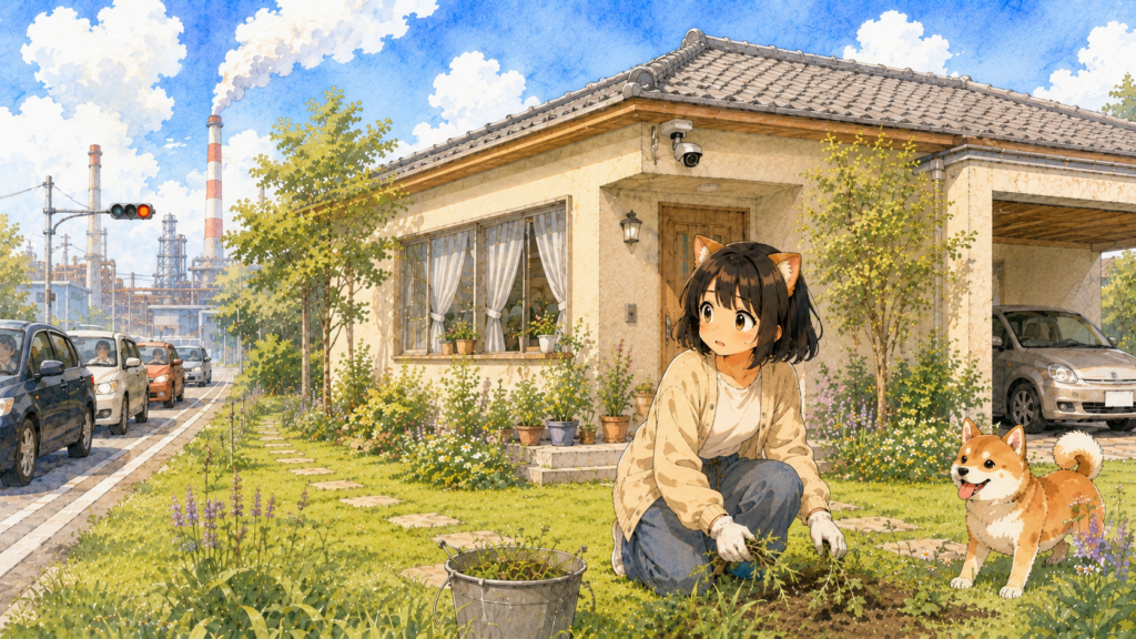 道路沿いの平屋の庭で草抜きをする女性のイラスト。信号待ちの車が並ぶ道路から丸見えの状態