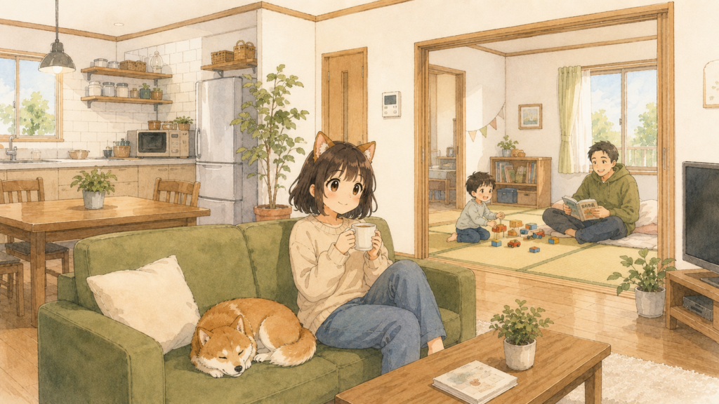 平屋のリビングでくつろぐ女性と、奥の和室で遊ぶ子どもと読書する男性のイラスト