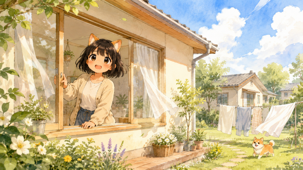 平屋の窓から顔を出す女性のイラスト。庭には洗濯物と柴犬
