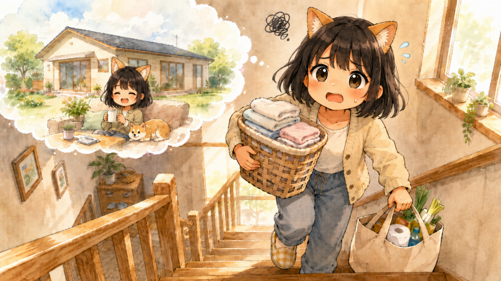 洗濯物と買い物袋を抱えて階段を上るイラスト。思い浮かぶのは平屋でくつろぐ様子