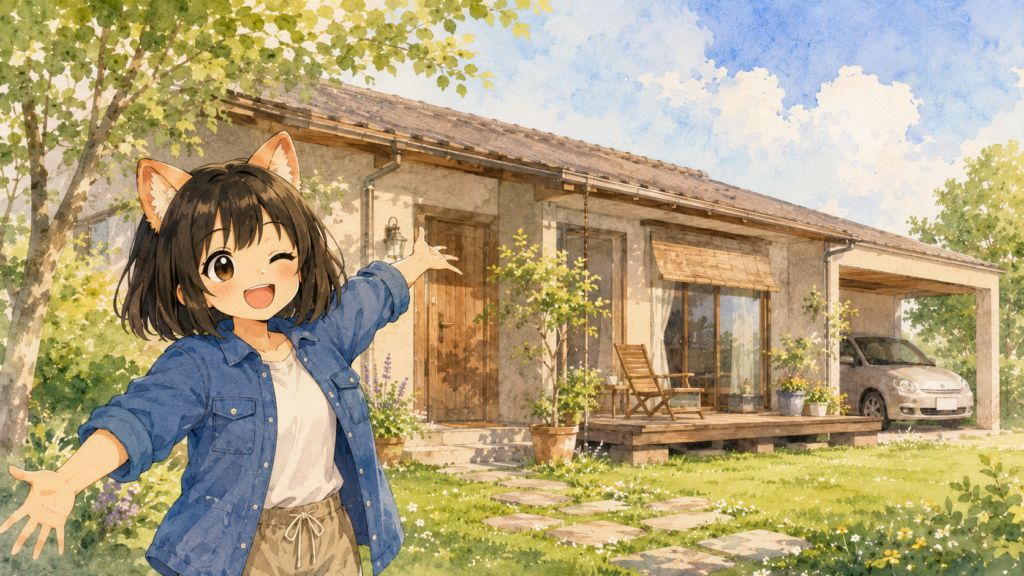 平屋の前で両手を広げて笑顔でポーズする女性のイラスト