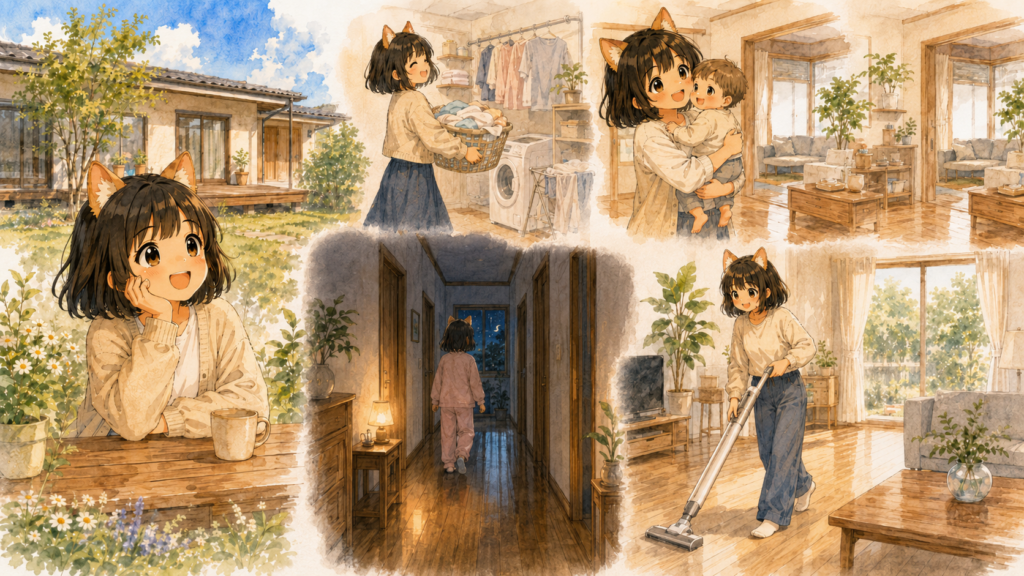 平屋暮らしのメリットを描いたイラスト集。洗濯・子抱っこ・夜中のトイレ・掃除など日常のシーン