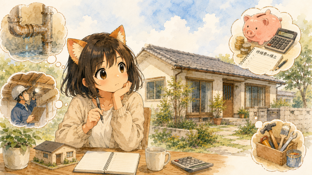 中古平屋の購入を考える女性のイラスト。水漏れ・点検業者・修繕費の積み立て・DIY道具など維持費にまつわるイメージが周囲に描かれている